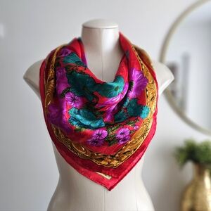 🧣 Vintage 80s Honey Floral Square Scarf Red Gold Purple Teal 30.5”